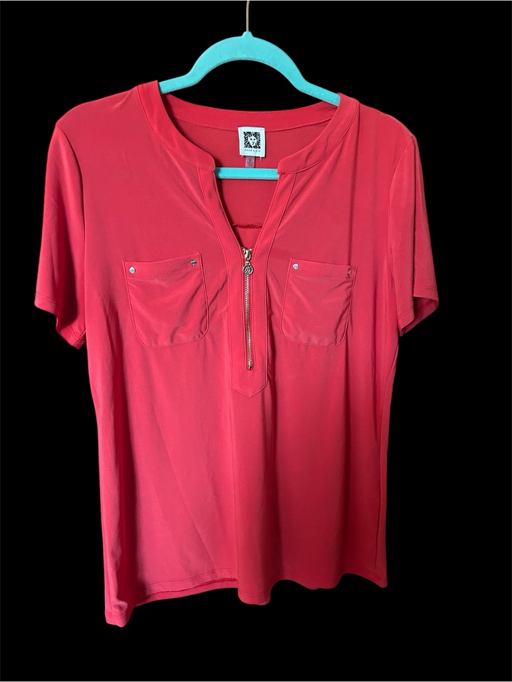 Anne Klein Coral Zip-Front Short Sleeve Pocket Top